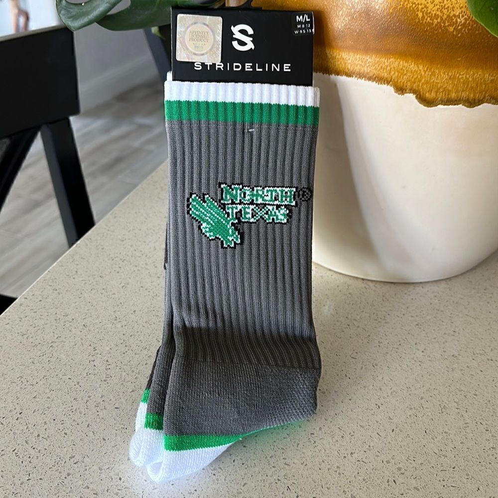 NWT University of North Texas Strideline Gray Socks M/L Knit Striped Crew Sports